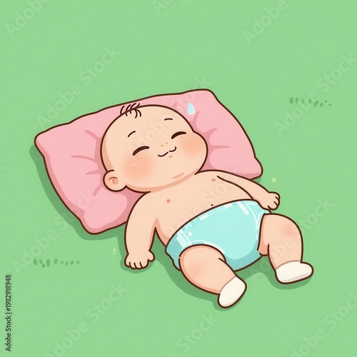 Cute Sleeping Baby Illustration Isolated on Green Background for Childrens Content Design