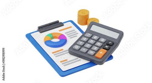 Vector illustration of 3d render of a clipboard with a pie chart, calculator, and gold coins on a transparent background