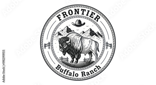 Vintage Buffalo Ranch Emblem with Bison, Mountains, and Cowboy Hat