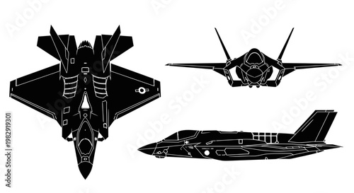 F-35 Fighter Jet Blueprint - Top, Front, and Side Views