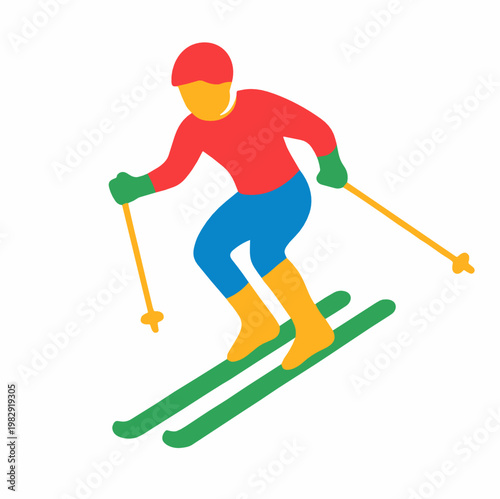 Dynamic downhill skier silhouette carving forward with poles, showing speed, control and alpine winter competition in a bright modern sports style.