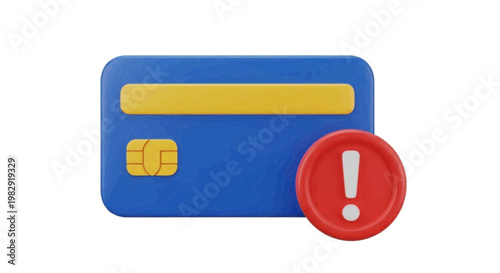 Vector illustration of 3d render of a blue credit card with a red exclamation mark warning icon on a transparent background