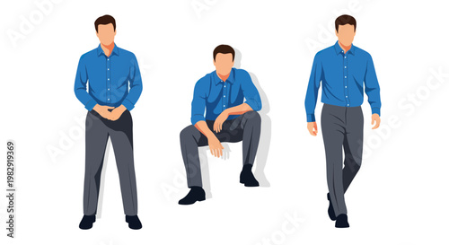Man in Blue Shirt and Grey Pants Poses: Standing, Sitting, Walking