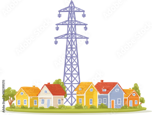 A flat vector illustration depicts a generic decentralized energy grid icon with houses sharing power, symbolizing an energy democracy concept in muted blue and yellow hues