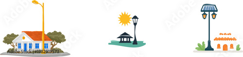 A flat vector illustration depicts a generic community solar lamp providing light to a village square at night, symbolizing social impact energy in muted navy and yellow hues