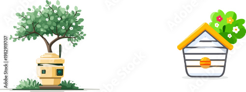 A modern, flat vector illustration depicts a smart beehive with integrated digital sensors, nestled in a lush green environment, showcasing advanced technology for monitoring colony health and