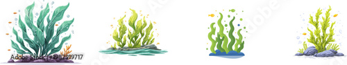 A vibrant seaweed farm thrives in a serene underwater ecosystem, surrounded by gentle bubbles and small fish icons, showcasing the regenerative potential of ocean farming with muted emerald and deep