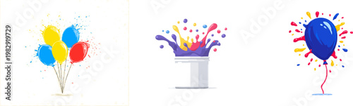A vibrant burst of colorful balloons in blue, yellow, and red is depicted with dynamic splashes and flying droplets against a white background