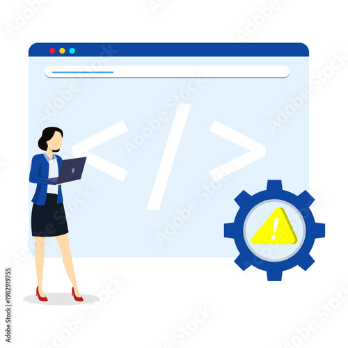 A woman as developer working on code with warning icon, representing software error, debugging process, and system risk in programming and web development.
