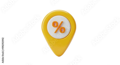 Vector illustration of 3d render of a yellow map pin icon with a percentage symbol on a transparent background