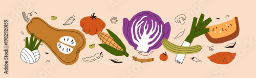 Farm vegetables composition, banner in modern doodle style. Healthy natural d...