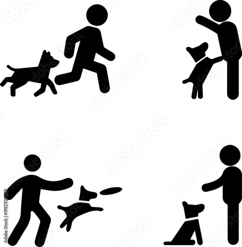 Stick figure icon set depicting various activities between a person and a dog including running, playing, jumping, and obedience training.