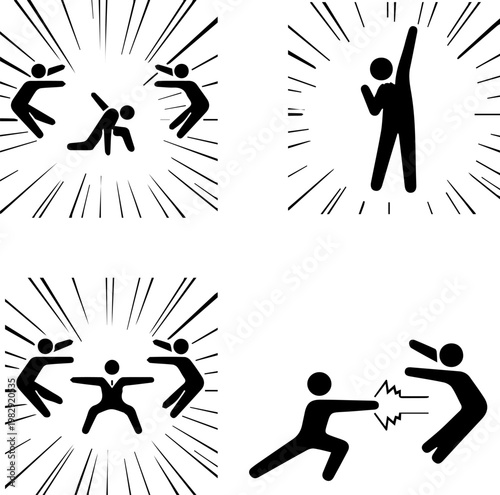 Action-packed stick figure comic panel sequence depicting a dynamic superhero versus villain conflict .