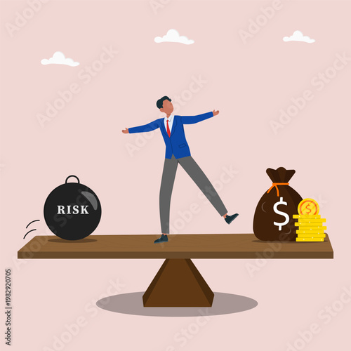 Businessman balancing risk and profit on a scale, choosing between danger and financial gain, symbolizing decision making, investment strategy, and financial management.
