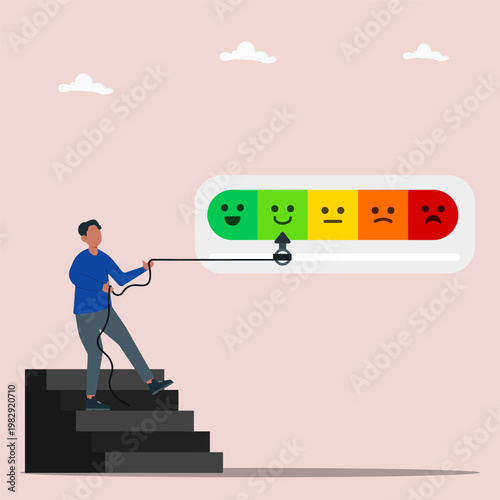 Canvas Print Businessman pulls rope to raise the needle of the smile emoticon on the scale bar