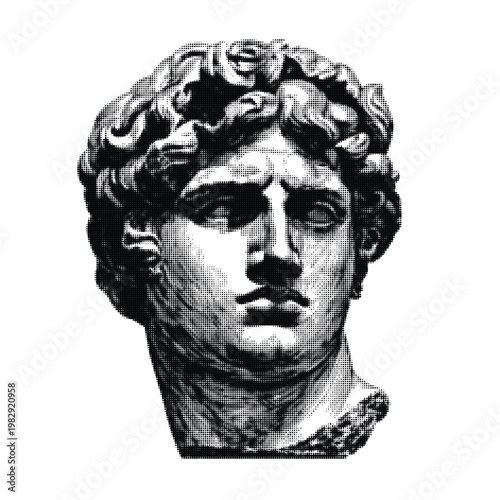 Black and white halftone Greek Roman sculpture bust vector illustration ancient artwork classical statue male head print design
