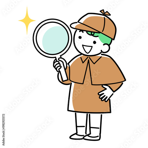 虫眼鏡を持って調べる探偵の男の子