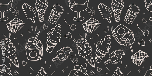 Seamless ice cream pattern with hand-drawn doodle desserts, cones, popsicles, and sweets. Playful food background for packaging, menu design, cafe branding, and textile prints. Vector illustration
