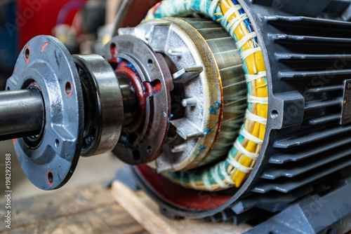Quadro em tela Close-up view of industrial electric motor internal structure, showing copper wi