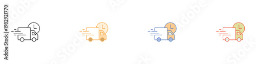 Fast delivery truck and shipping clock timer icon set for logistics service. Minimalist collection of express transport and courier dispatch symbols. Vector Illustration.