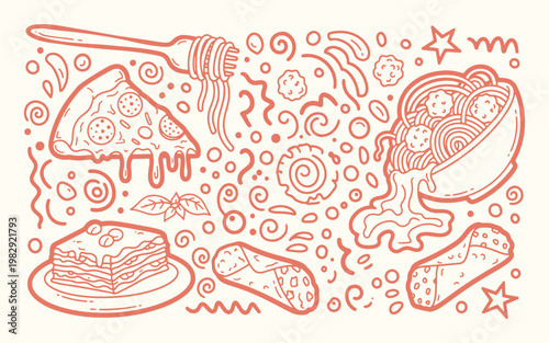 Hand drawn italian food doodle set featuring pizza spaghetti lasagna and cannoli with decorative elements