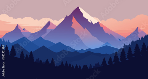 Majestic snow-capped mountain range illuminated by the soft glow of dawn and dusk sky