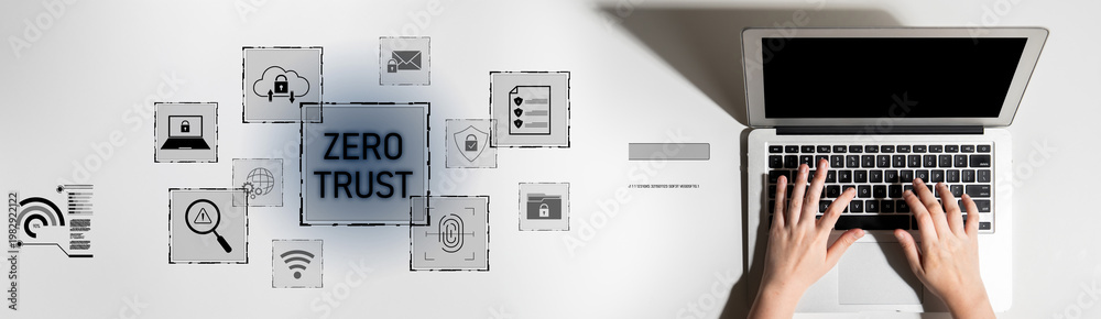 Fototapeta premium Zero trust model enhances data protection. Zero trust blocks unauthorized access, secures devices, zero trust defends networks, and zero trust verifies users continuously. Latch