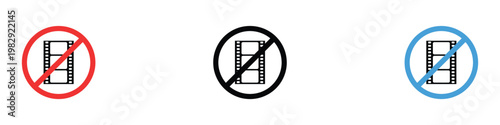 No video recording sign and prohibited movie camera icon set. Minimalist collection of restriction symbols for photography and filming. Vector Illustration.