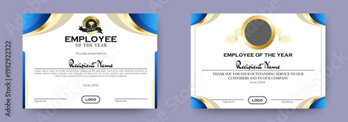 Employee of the Year Certificates Template Design Set. Editable Printable Certificate Template, Best Employee, Custom Gift Award, Employee Rewarding. vector