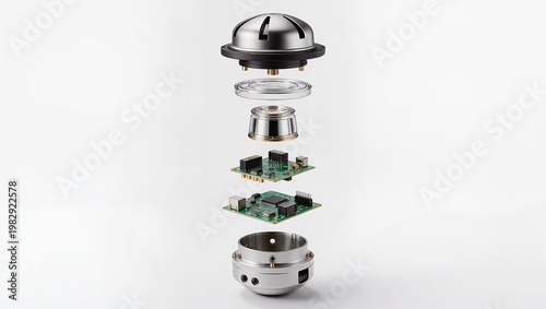 Smoke detector exploded view showing internal components and electronics isolated on white background