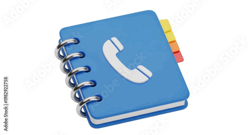 Vector illustration of 3d render of a blue contact book icon with a white telephone handset symbol on a transparent background