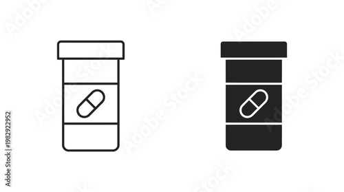 Pill bottle icon set outline and filled versions for medical and pharmaceutical applications