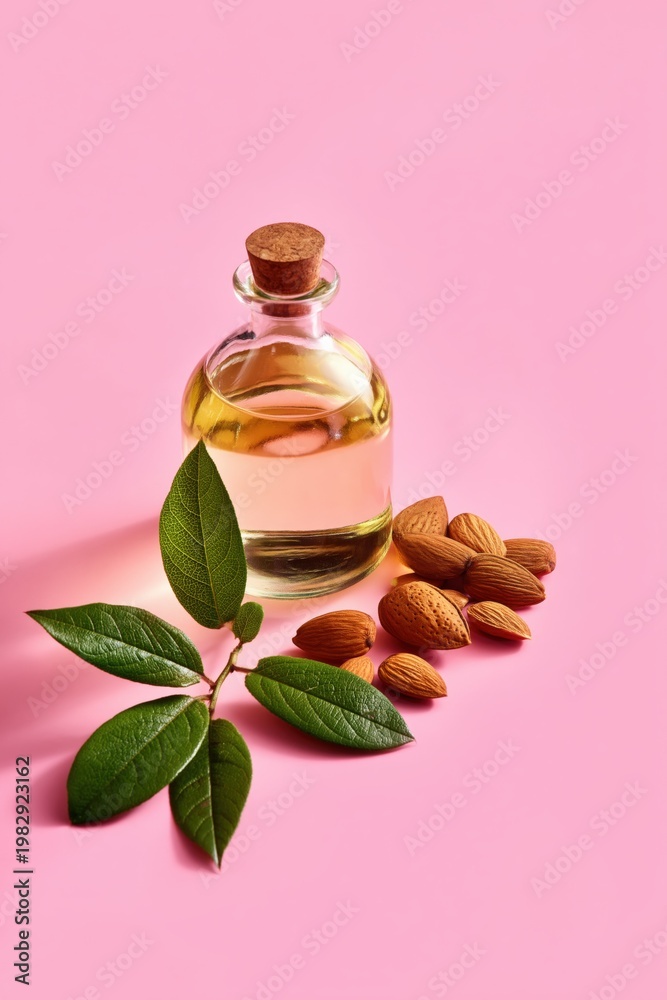 Fototapeta premium Tall bottle of almond oil with leaves and almonds on pink