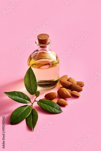 Tall bottle of almond oil with leaves and almonds on pink