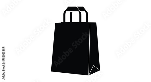 A stark black silhouette of a paper shopping bag with handles isolated silhouette