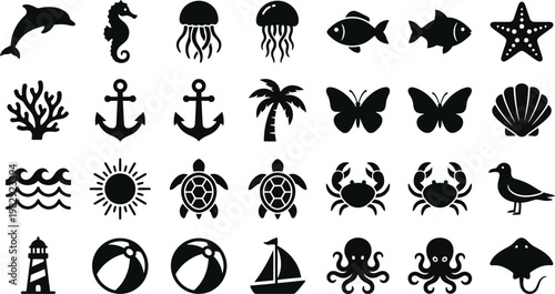 Marine Life and Ocean Icons Set Silhouette Vector Collection