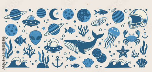 Celestial cosmos and ocean set, mystic moon and star illustrations, deep sea whale and fish graphics, blue ink mystical icon elements, astrological space and marine symbols, dreamlike ocean life colle