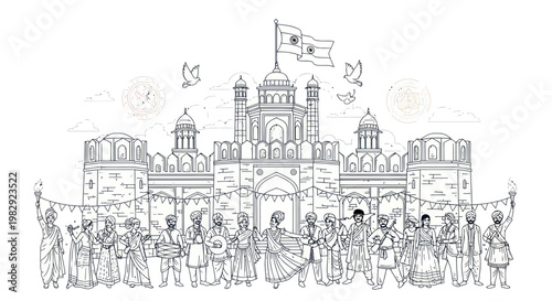 Indian Independence Day Celebration Line Art: Red Fort & People