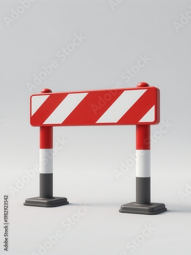 Red and White Striped Road Barrier Sign with Two Vertical Posts, Isolated on Light Gray Background, Construction Safety Equipment, Traffic Control, Barrier Gate for Road Work or Hazard Warning
