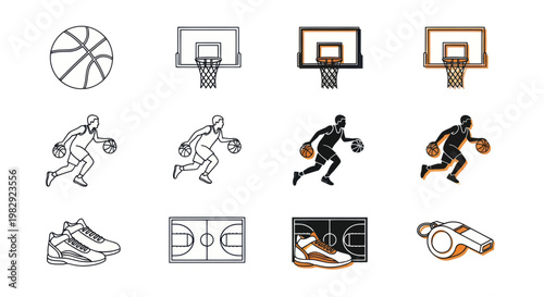 Basketball Icons Set: Players, Hoop, Court, Ball, Shoes, Whistle