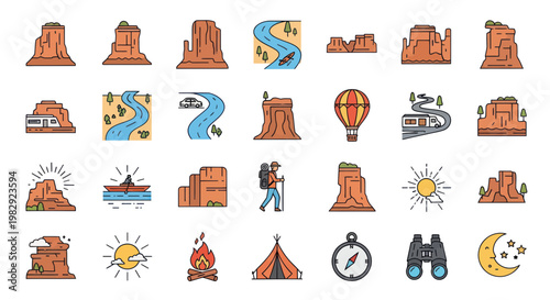 Desert Landscape Icons: Hiking, Camping, Travel, Nature Adventure, Outdoor Activities