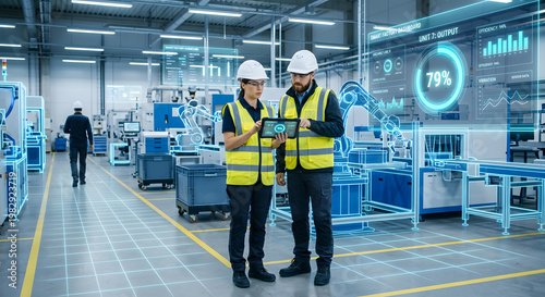 Industrial workers using tablets to monitor automated machinery and robotic arms in a modern manufacturing facility
