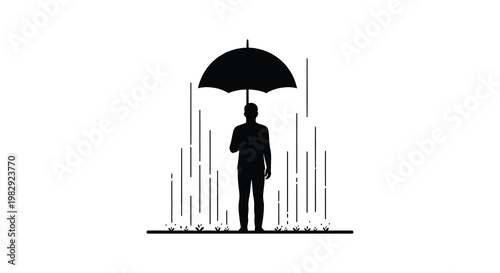 A person stands with an umbrella during rainfall depicted as a silhouette