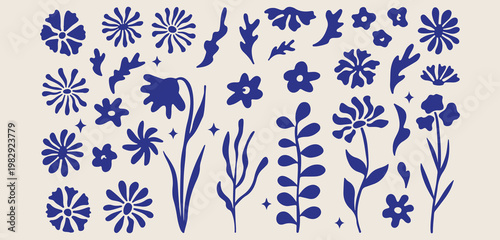 Photos Dark blue botanical doodle set, wild flower and leaf illustrations, organic natu