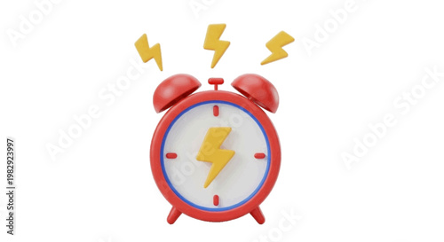 Vector illustration of 3d render of a red alarm clock with lightning bolt symbols on a transparent background