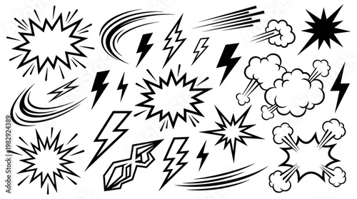 Comic Book Explosion Effects Set with Lightning Bolts and Motion Lines on White Background with Black Illustrations.