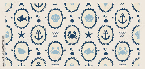 Nautical marine life frame set, sea shell and crab illustrations, ocean anchor and fish graphics, blue ink coastal border elements, maritime nature frame icons, beach theme decorative border collectio