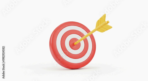 Vector illustration of 3d render of a yellow arrow hitting the center of a red and white target on a transparent background