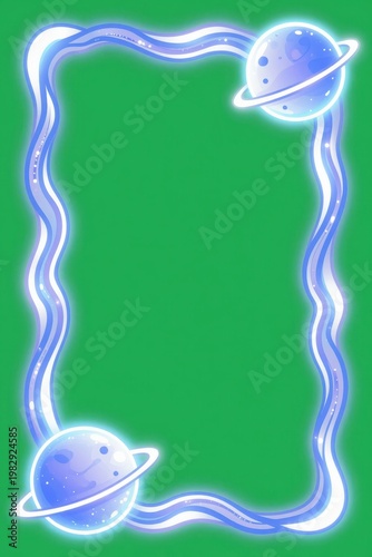 Space Themed Decorative Frame with Glowing Blue Planets and Orbiting Rings on Green Background