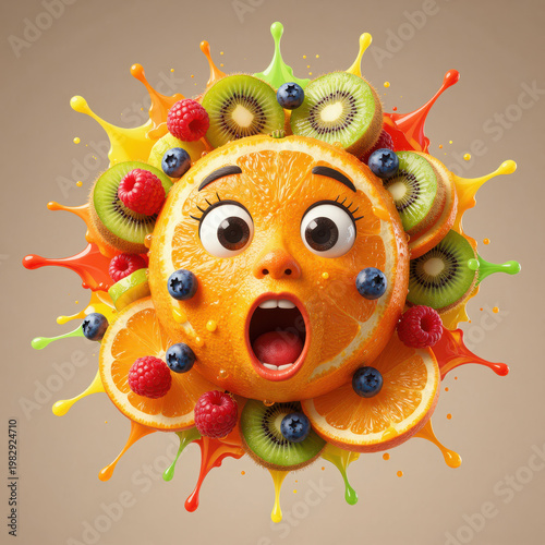 Surprised Orange Fruit Face with Berries and Juice Splash